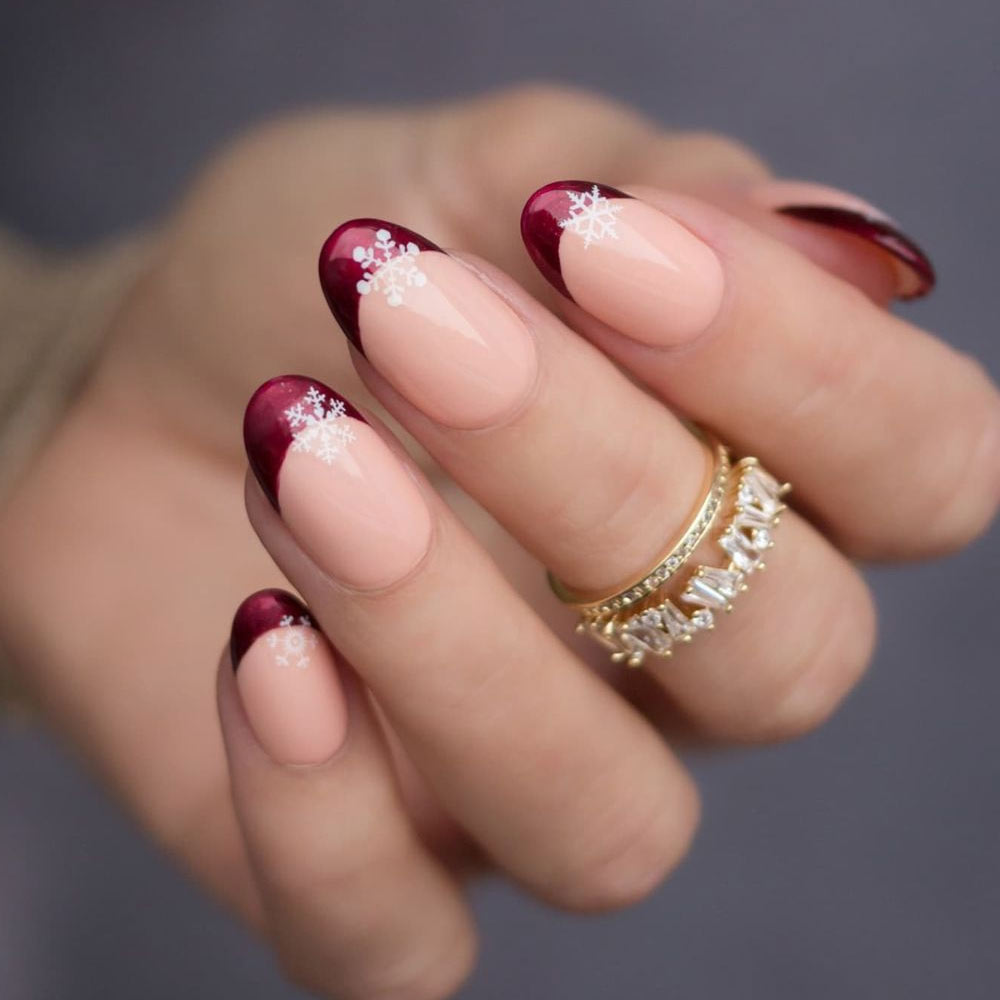 Burgundy French Nails with Snowflakes