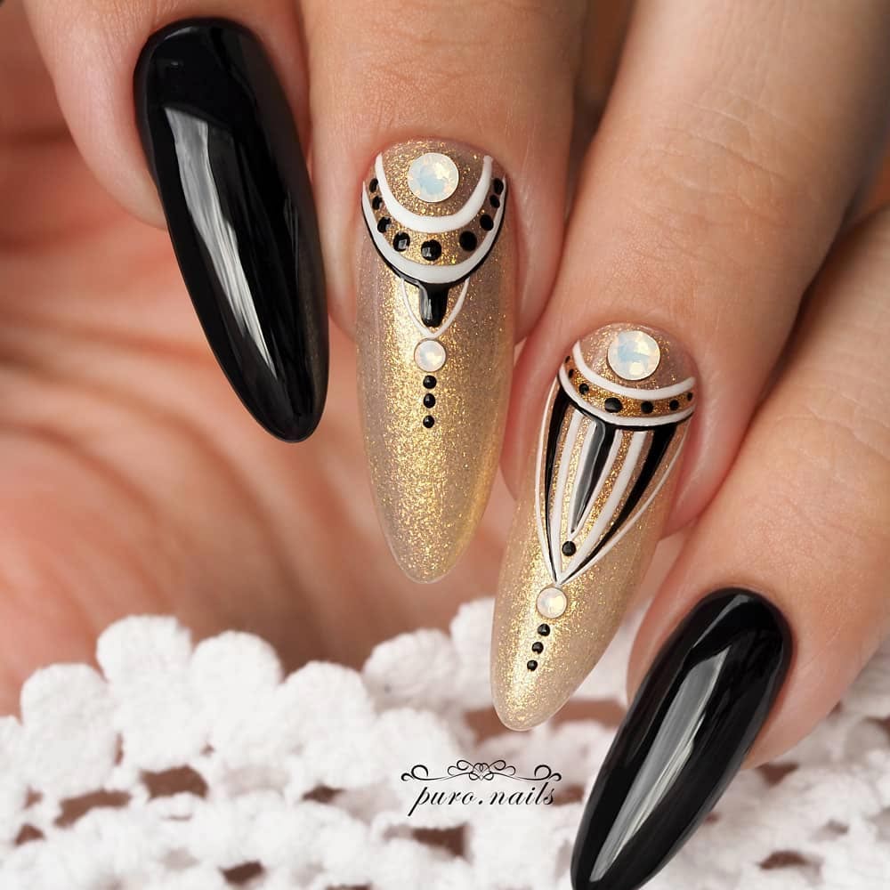 Half Moon Pattern Nails with Gold Glitter and Black Accent
