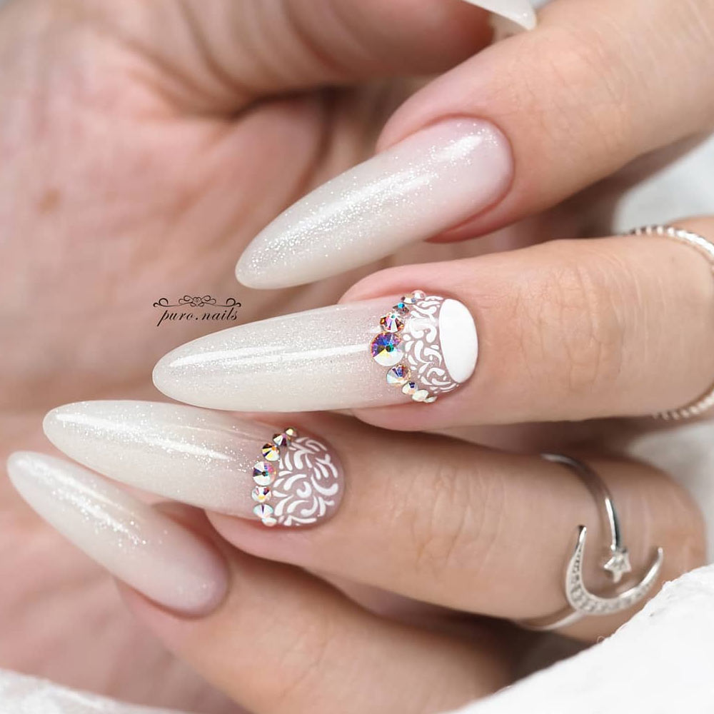 White Glitter Long Nails with Half Moon Pattern