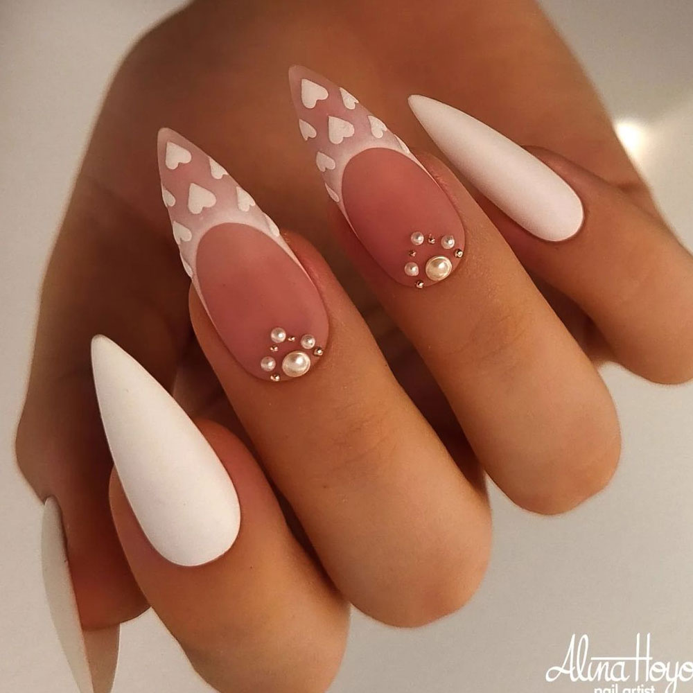 White Matte French Nails with Half Moon Rhinestones