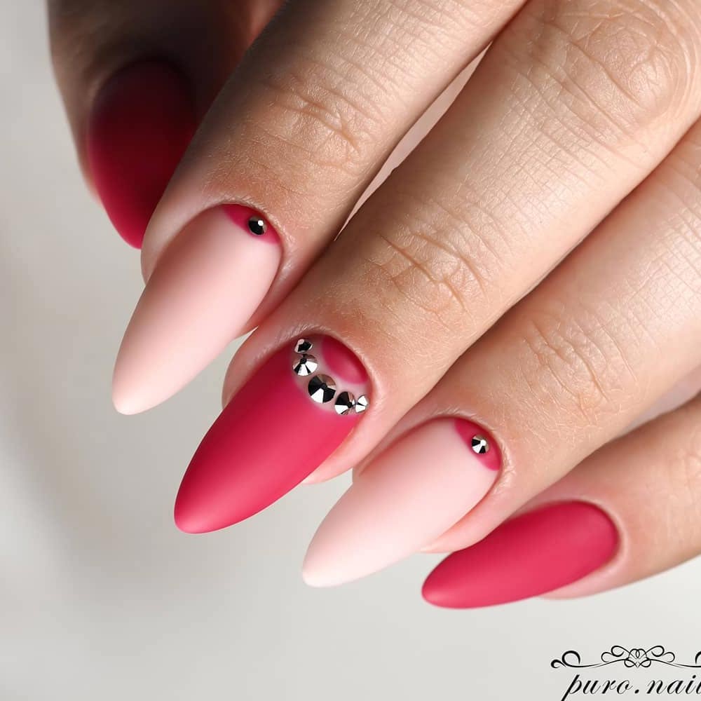 Nude and Red Matte Nails with Rhinestones