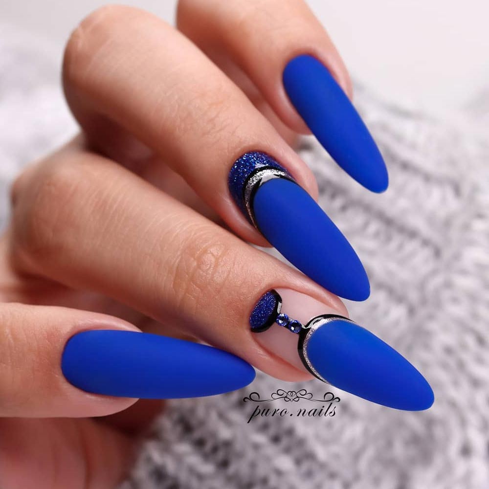 Navy Blue MatteNails with Half Moon Design