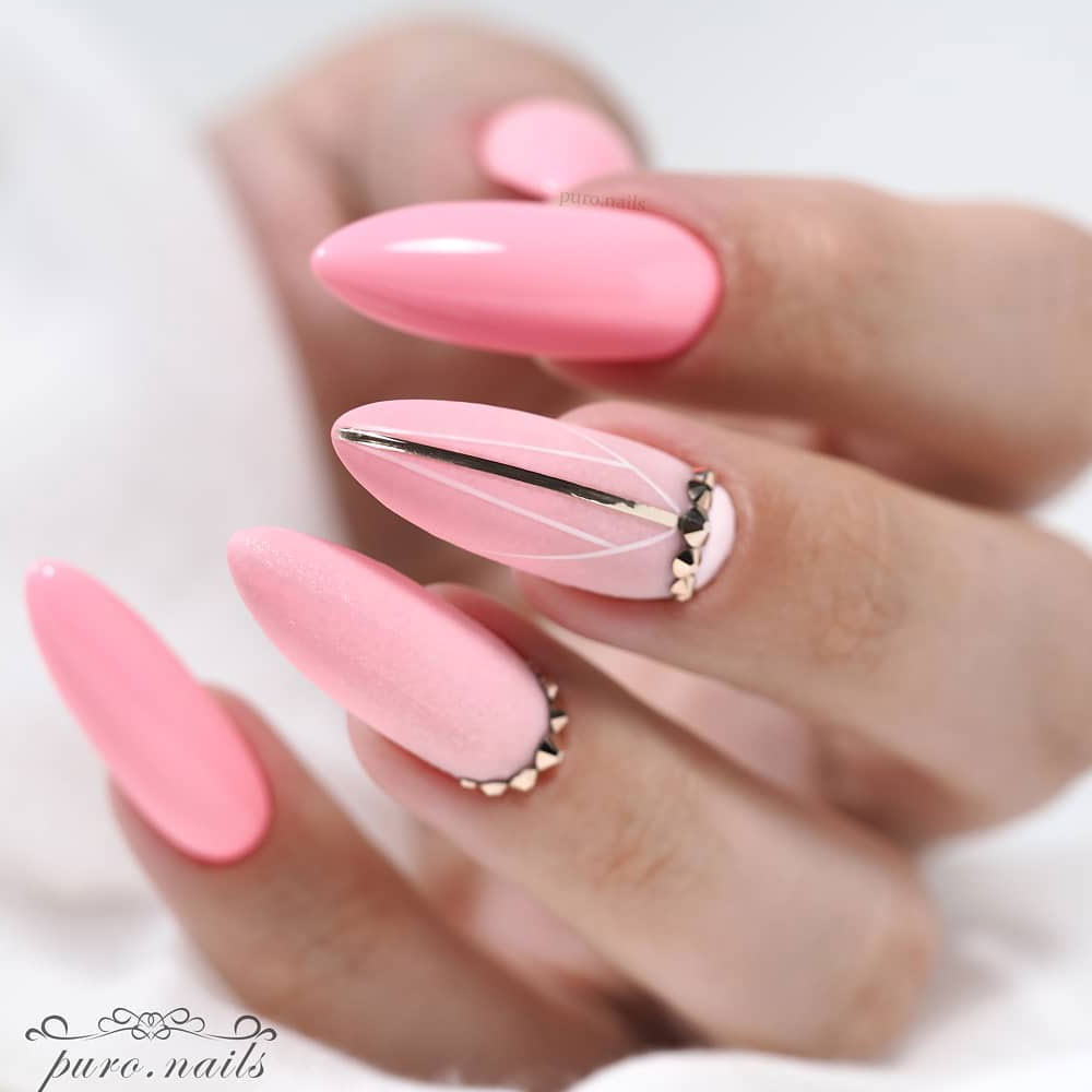 Long Pink Nails with Half Moon Rhinestones Design