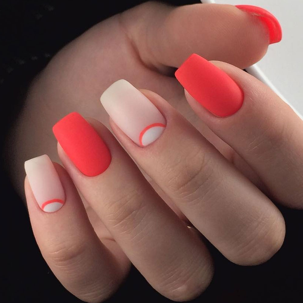 Red and Nude Half Moon Nails Design
