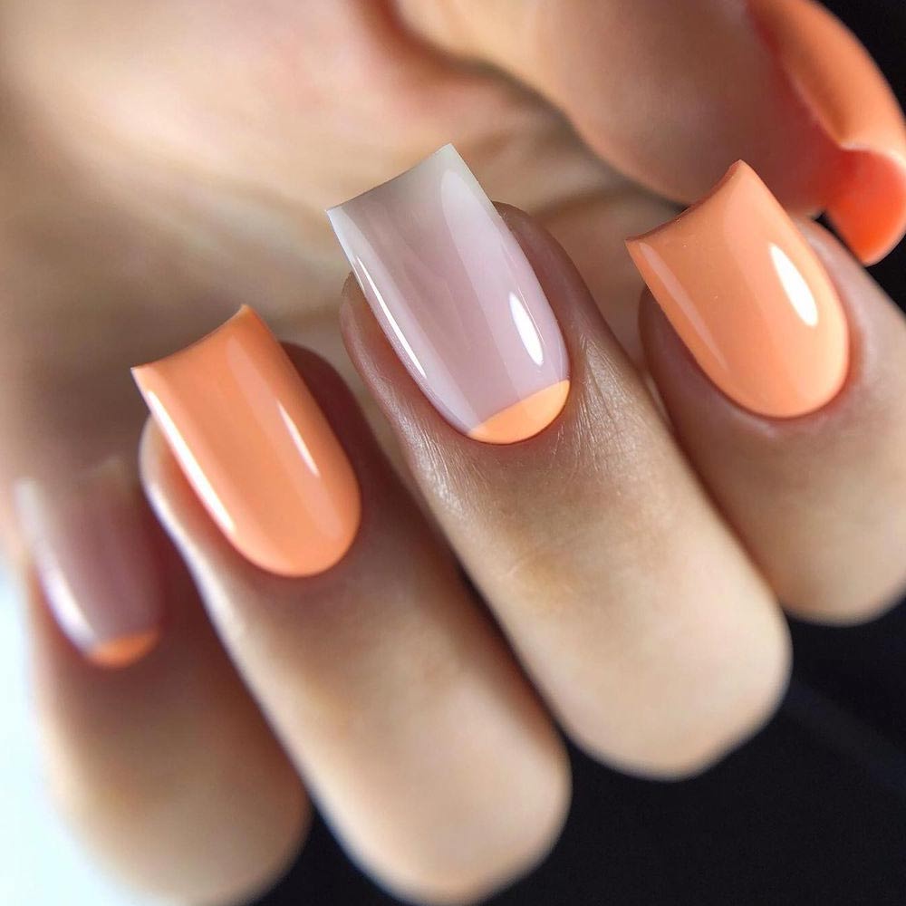 Nude and Orange Half Moon Nails