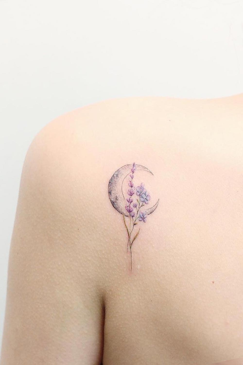 Shoulder Tattoo with Flowers and Moon