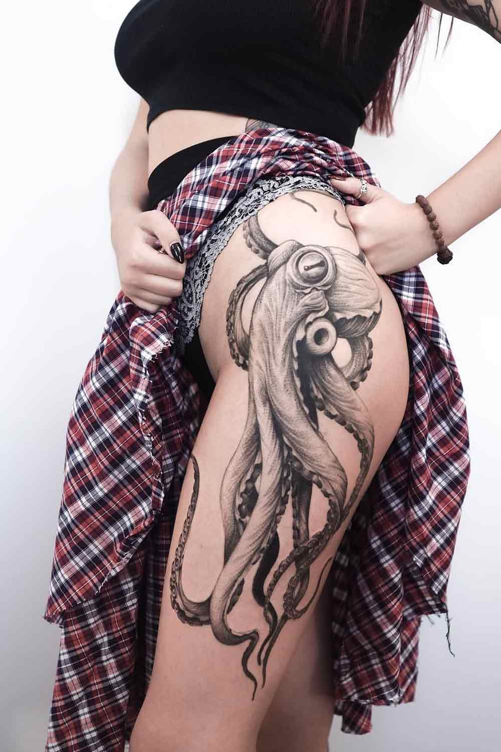 New School Octopus Thigh Tattoo by Fontecha Iron