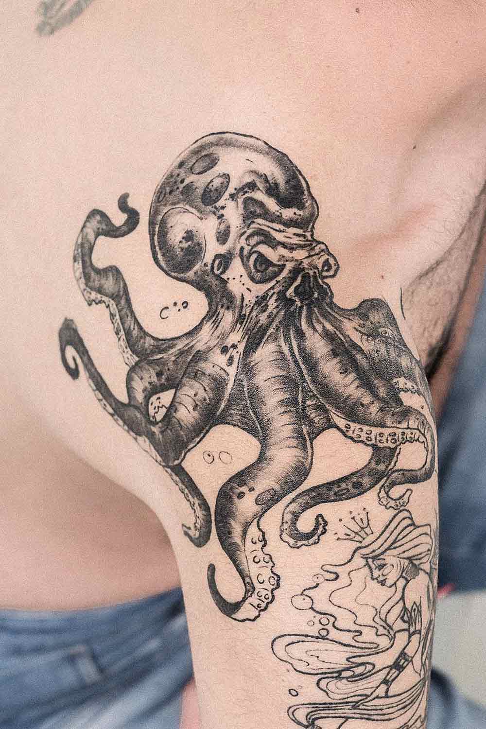 PowerLine Tattoo : Tattoos : Evan Olin : Full color, custom realistic  octopus tattoo- part of an underwater/ocean leg sleeve