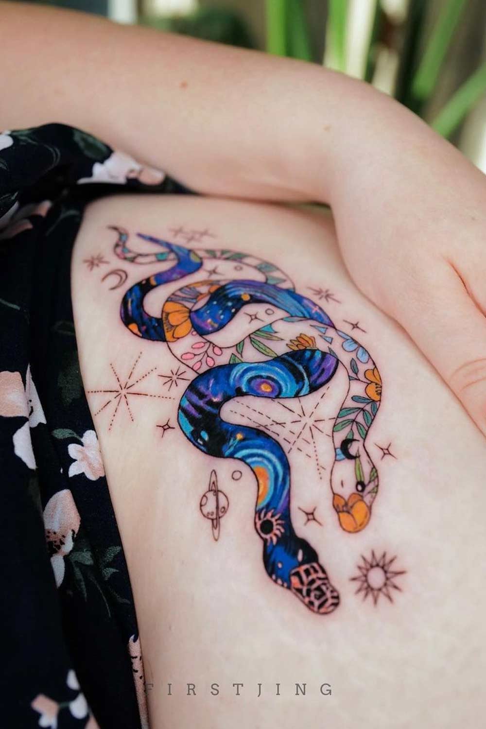 Colorul Snakes Thigh Tattoo