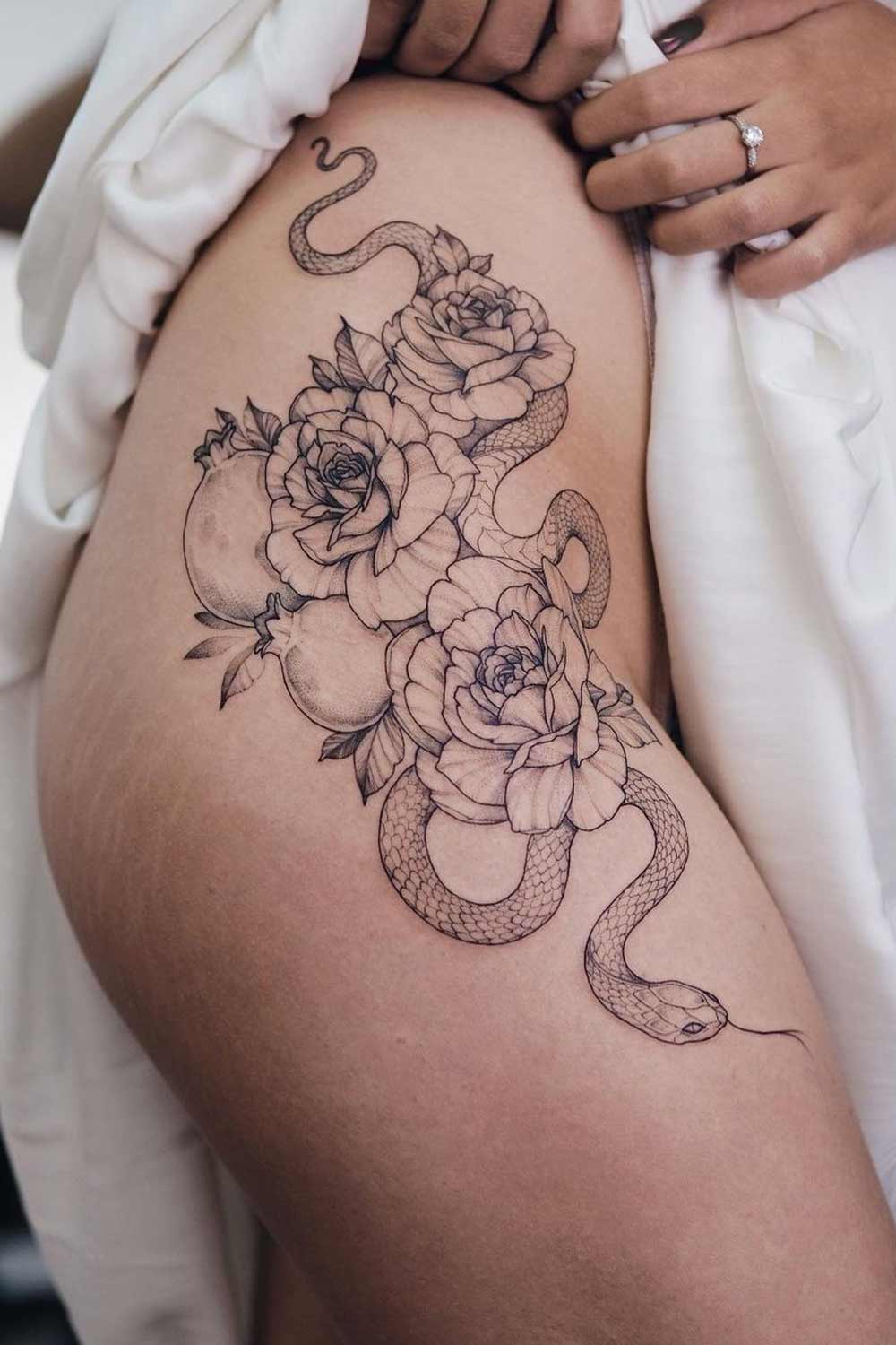Snake with Roses Thigh Tattoo Design