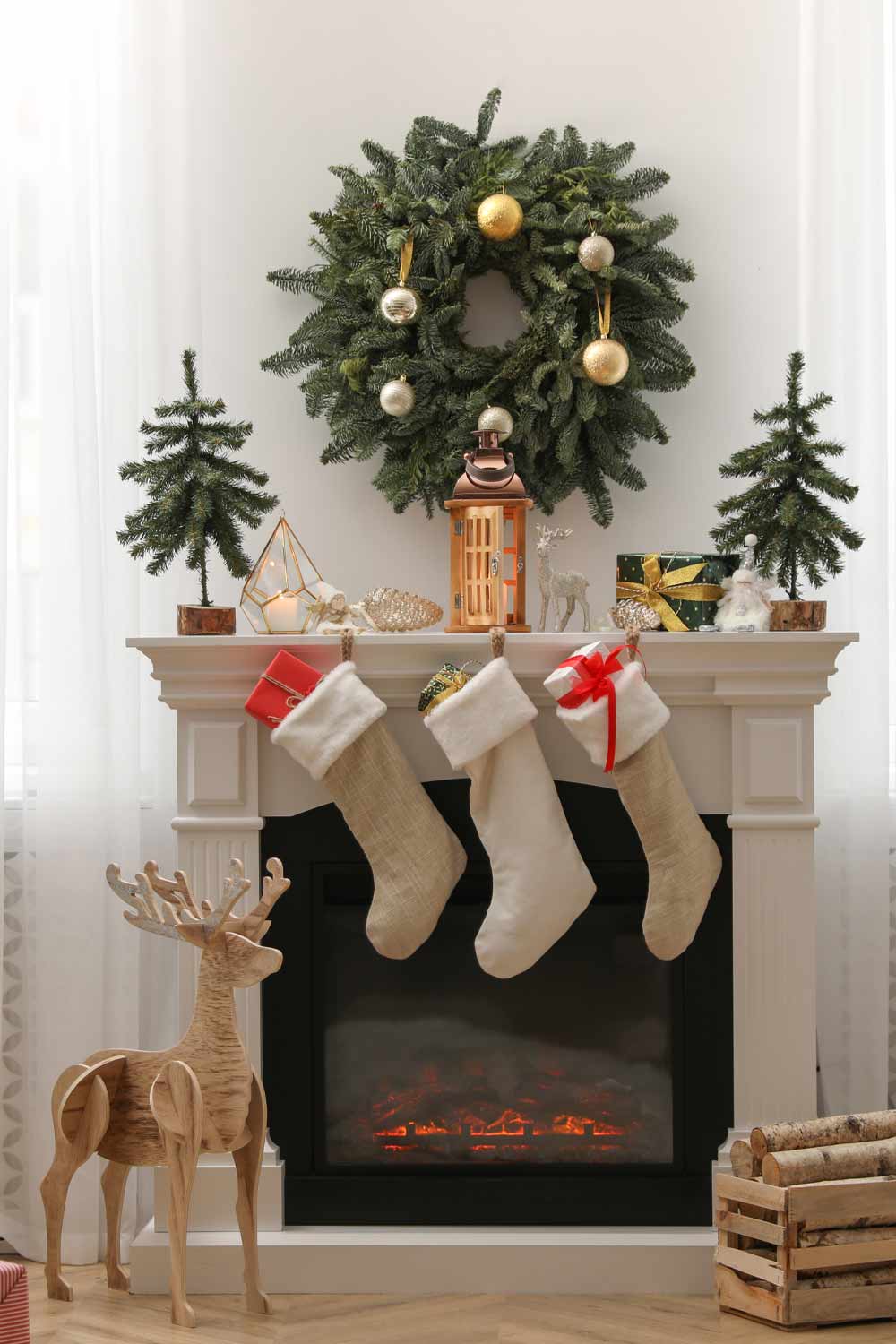 Neutral Colors Chrismas Fireplace with Wreath