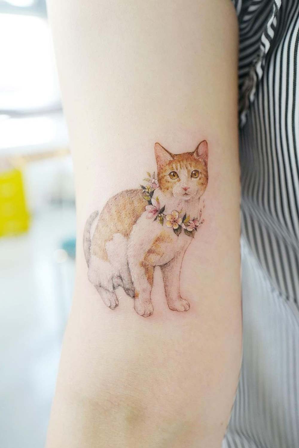 Cute Cat Tattoo with Floral Wreath