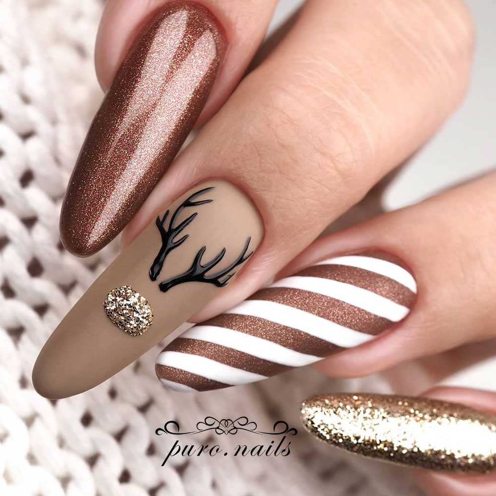 Brown Nails with Deer Nail Art