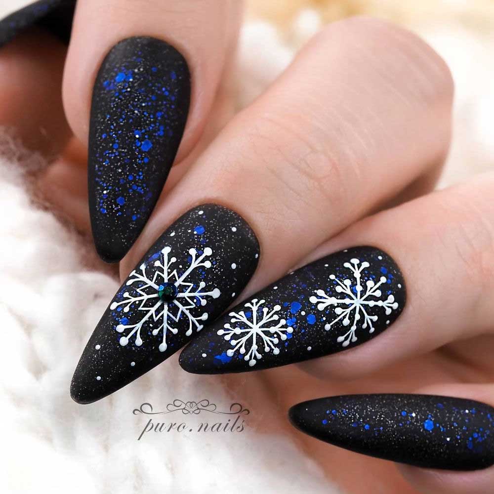 Dark Christmas Nails with Snowflakes