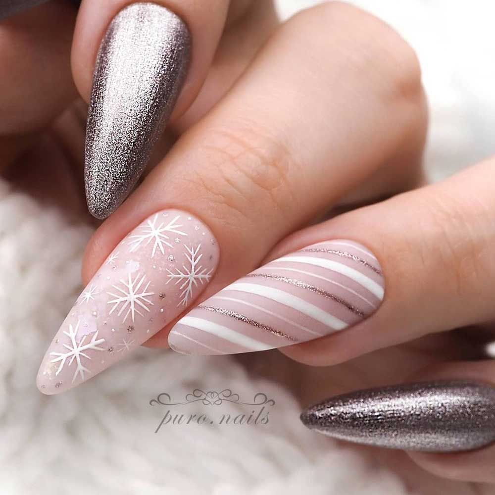 Pink Shades Nails with Snowflakes and Glitter
