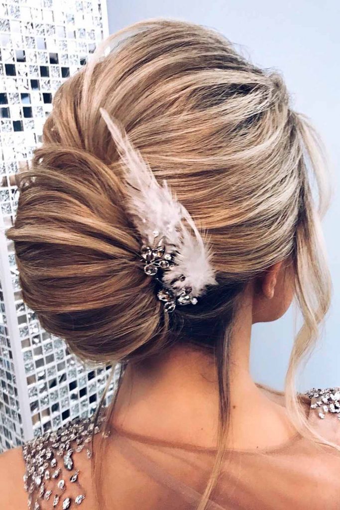 Noble Twisted Bun With Feather And Rhinestoned Accessory 