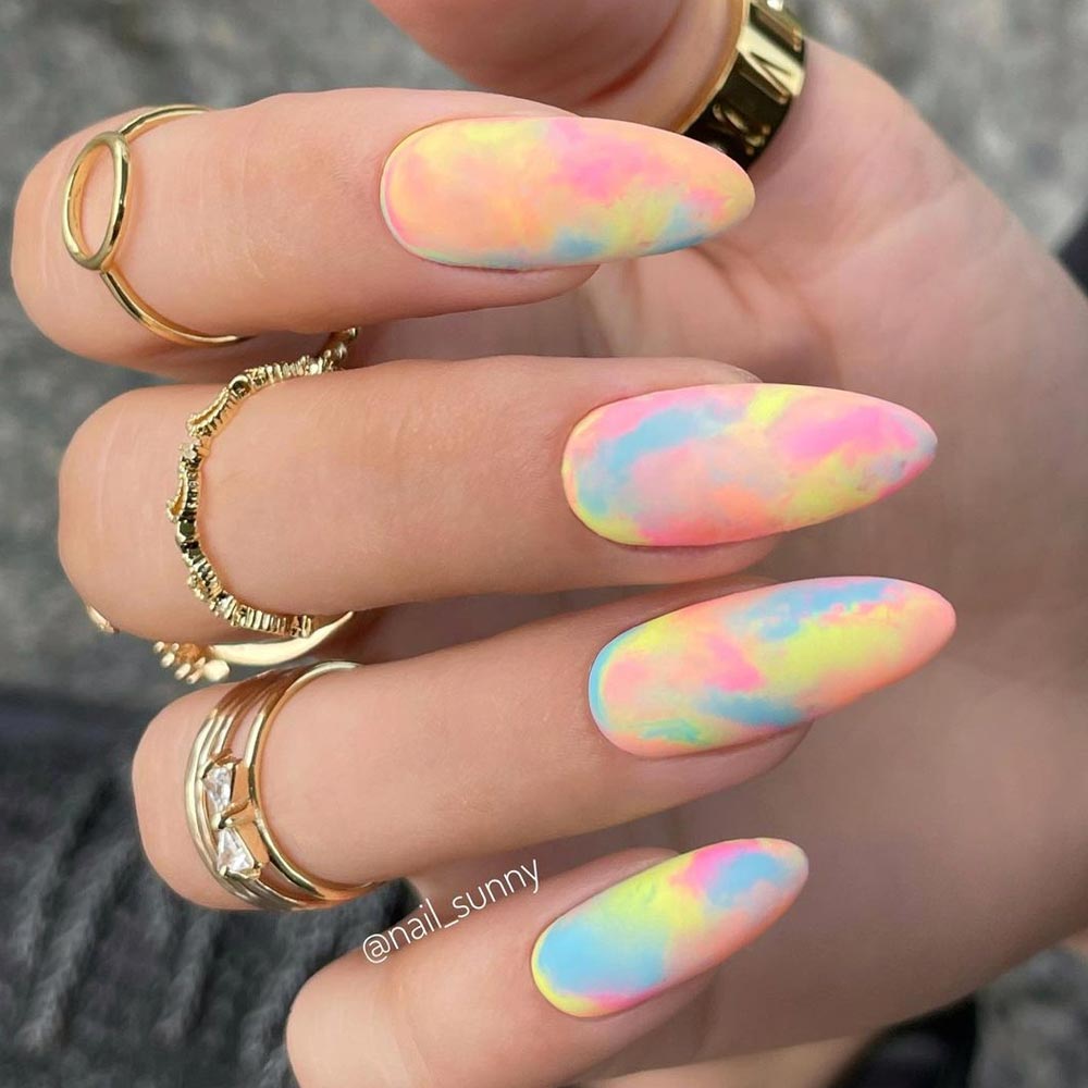 Water Marble Rainbow Nails with Matte Polish