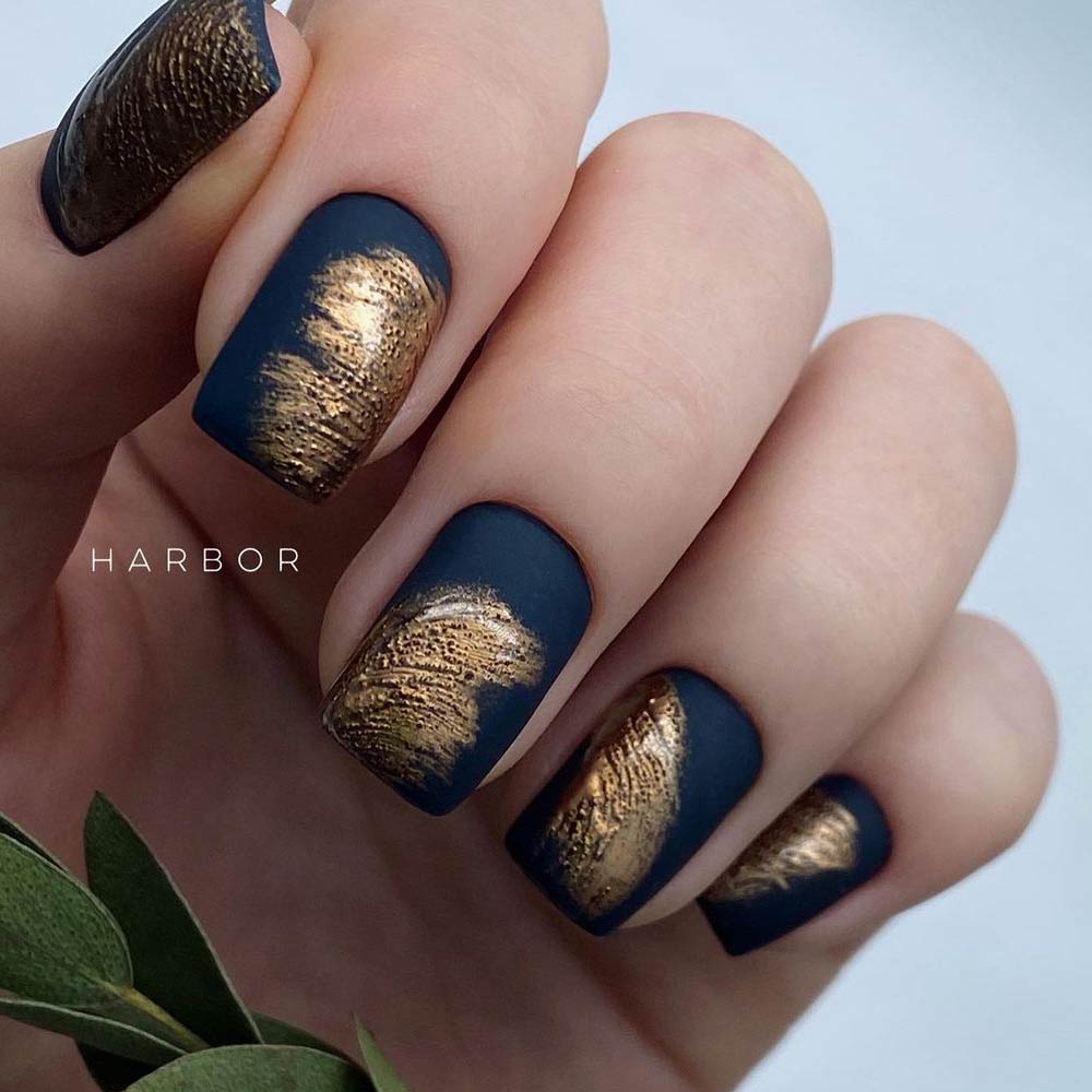 Black Matte Nails with Gold Accent