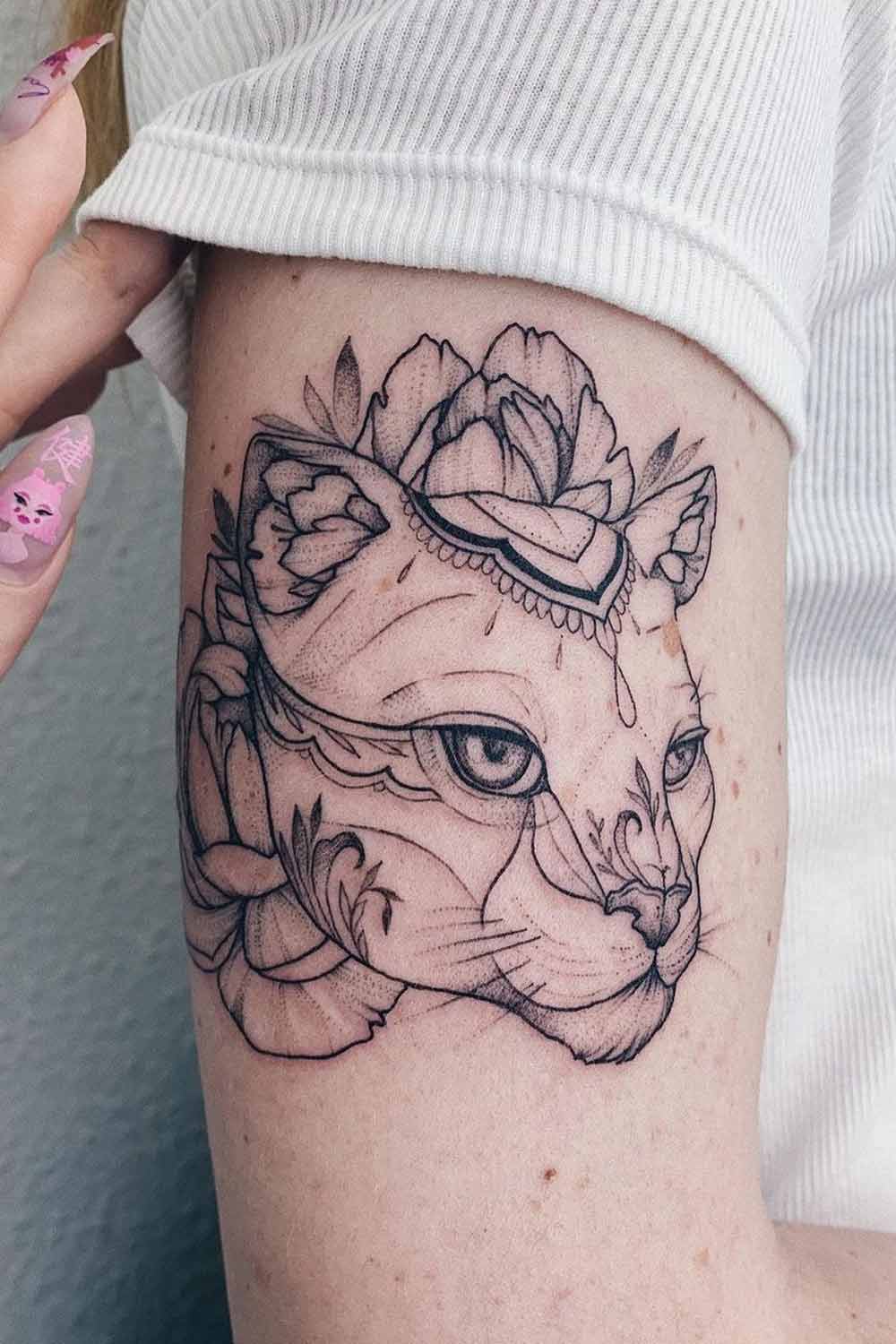Wild Cat Tattoo Design with Flowers