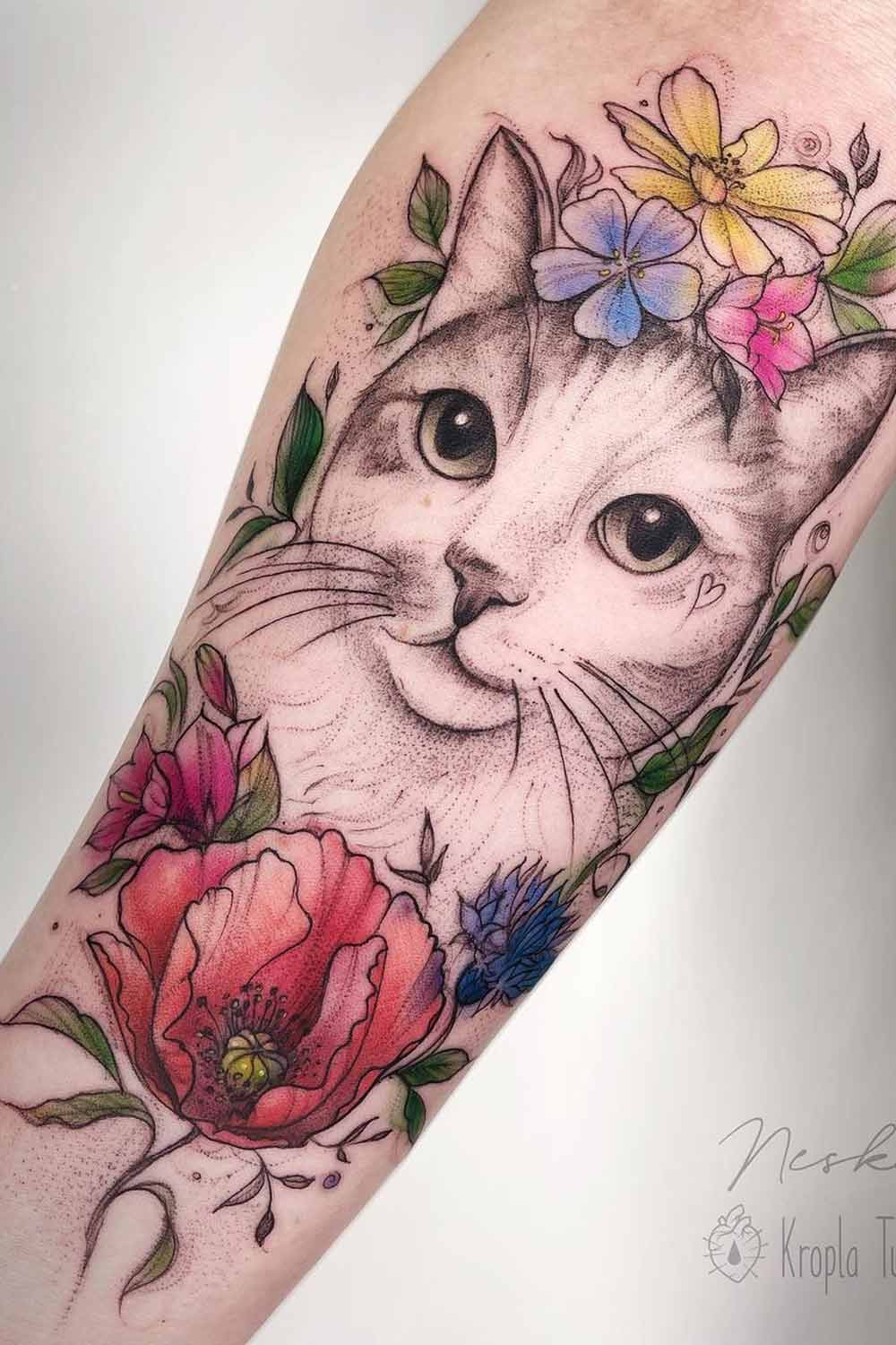 Cat Tattoo Design with a Watercolor Flowers