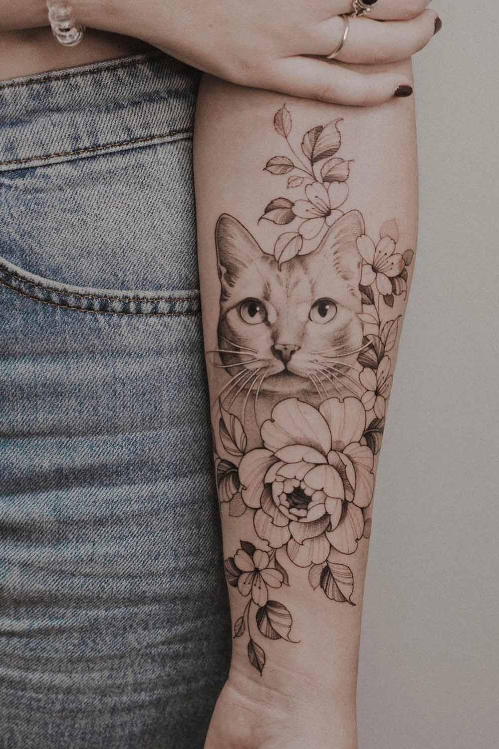 Realistic Cat Tattoo with Flowers