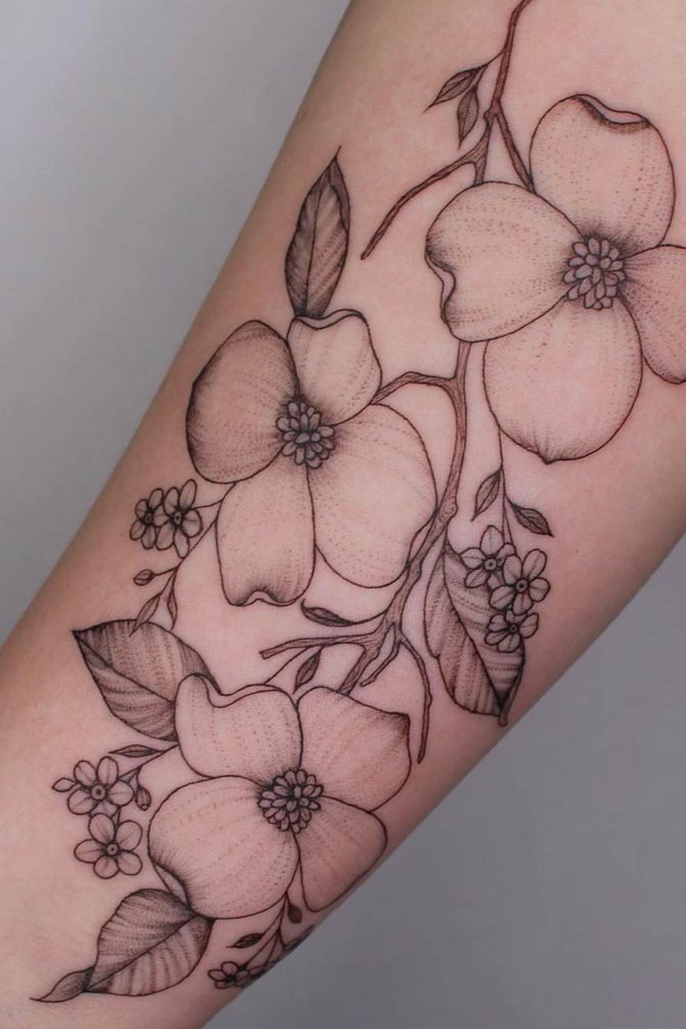 Black and White Dotwork Floral Tattoo