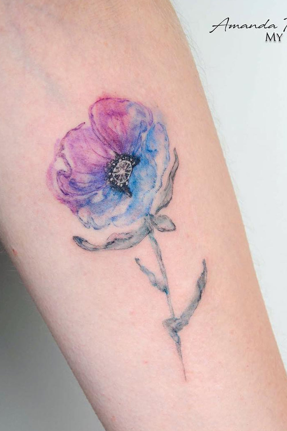 Watercolor Blue and Purple Flower Tattoo