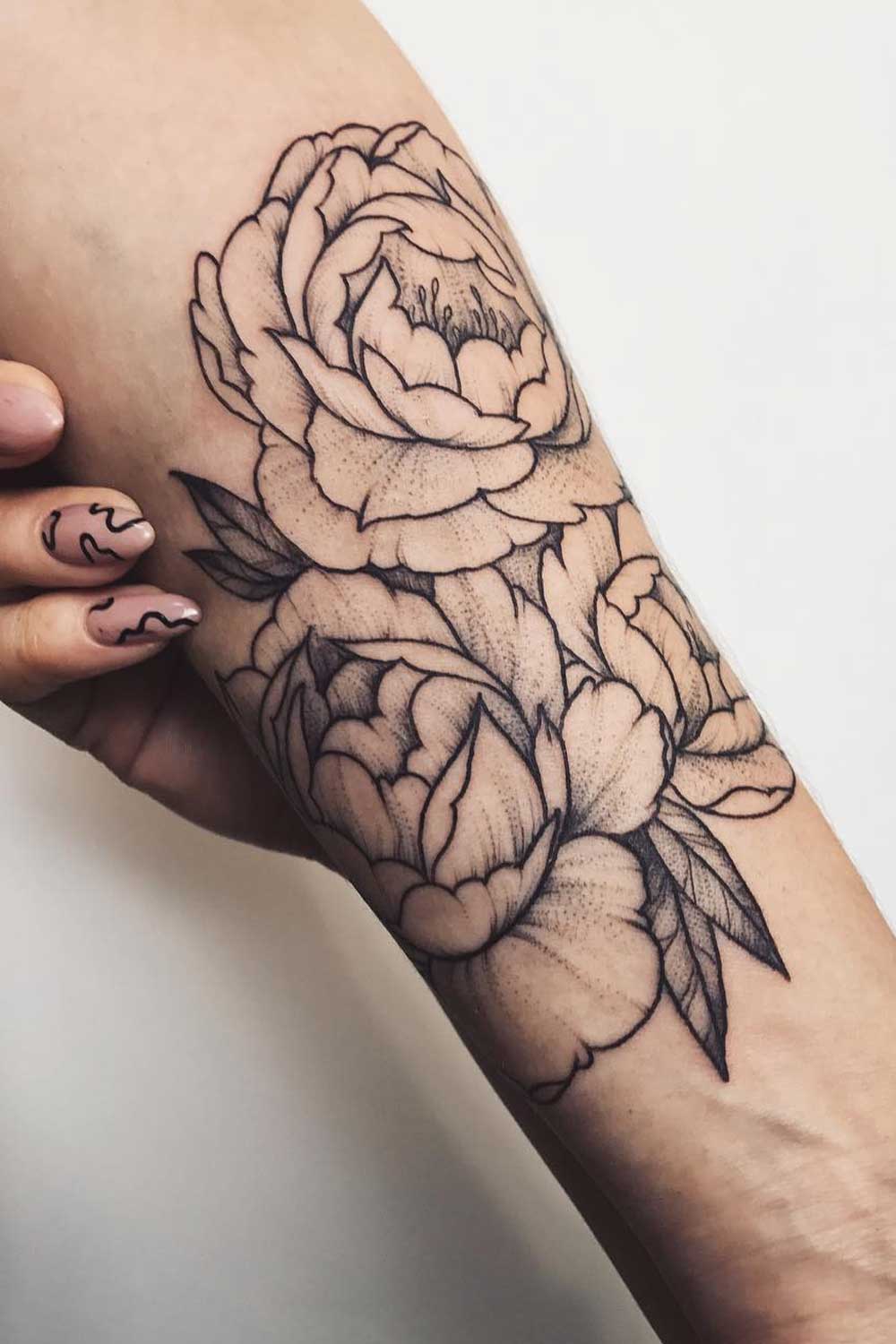 Black and White Peonies Tattoo For Arm