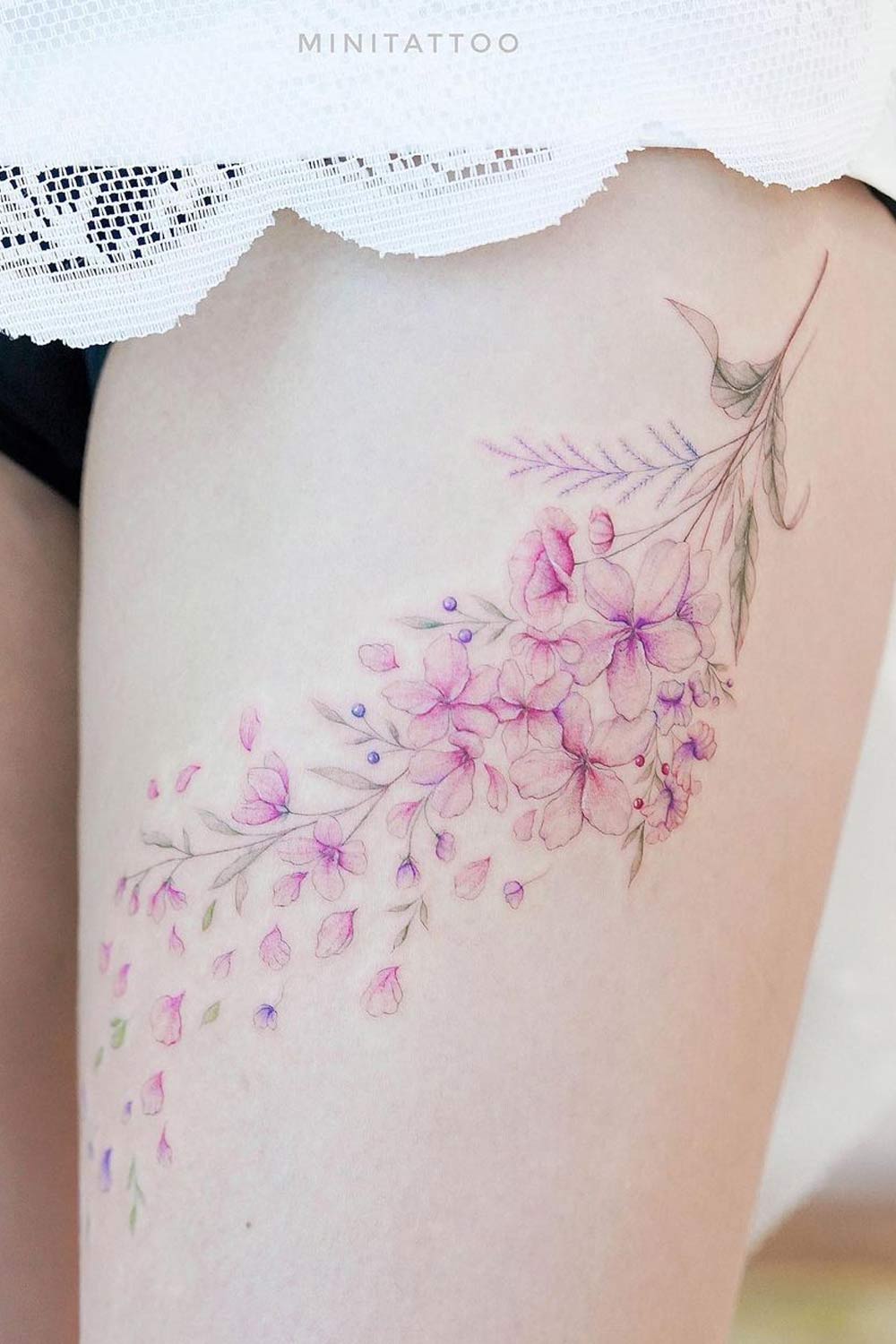 Cherry Blossom Flowers Tattoo For Leg