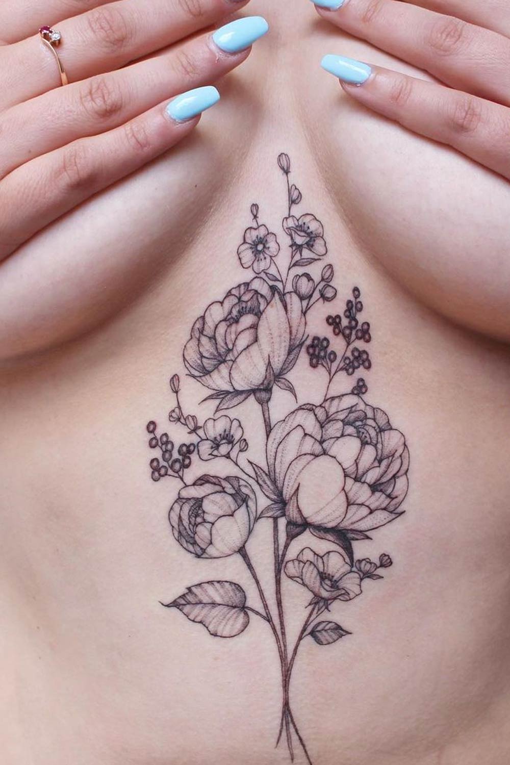 Peony Flowers Sternum Tattoo Design