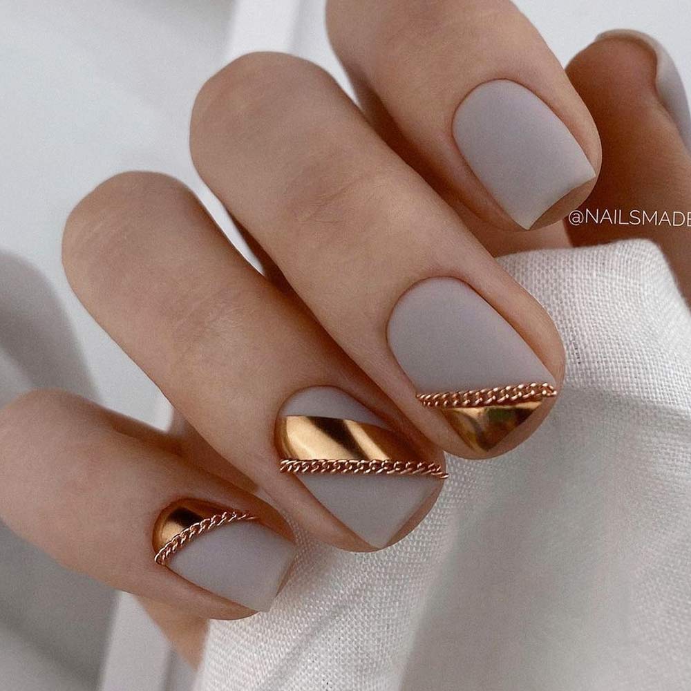 Matte Grey Nails with Gold Accent