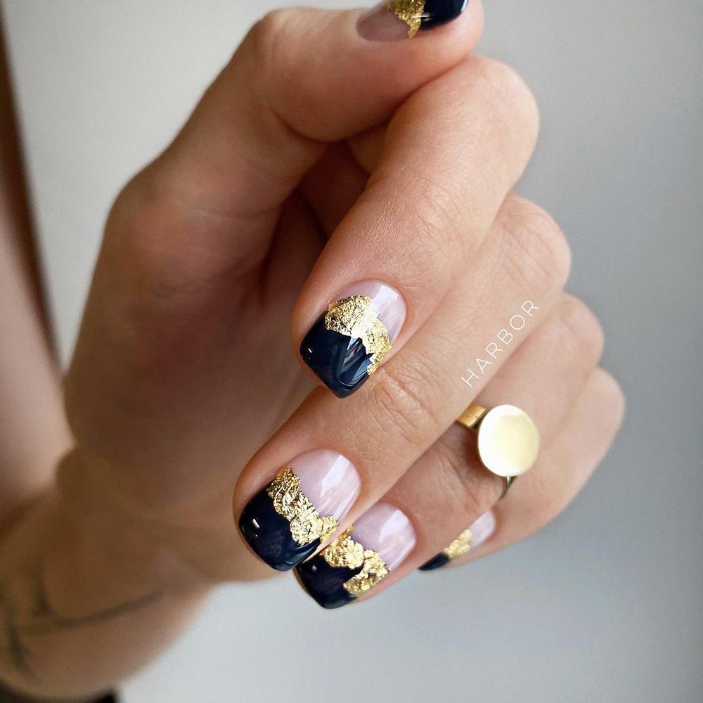 Nude Nails with Black Tips and Gold Foil