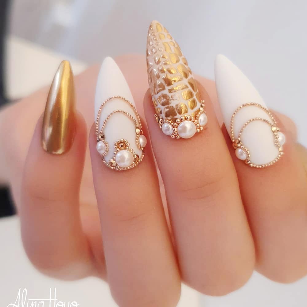 White and Gold Nails Design