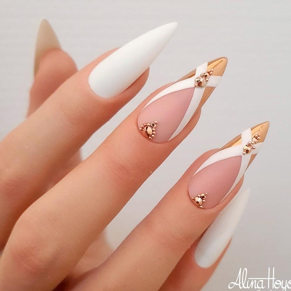 White Nails with Gold Tips Accent