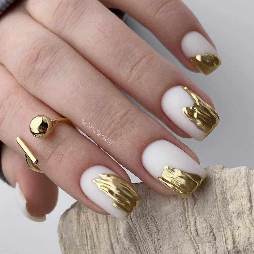 White Matte Nails with Gold Accent