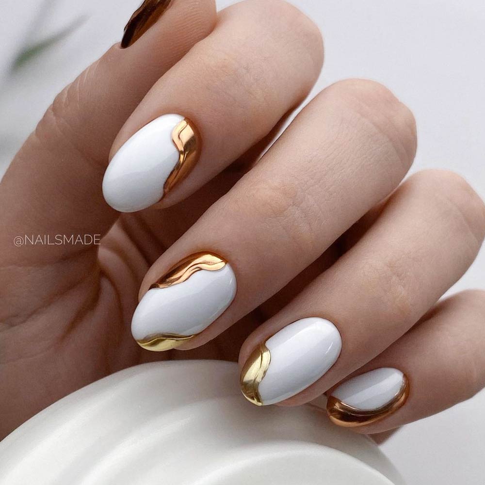 White Oval Nails with Gold Accent