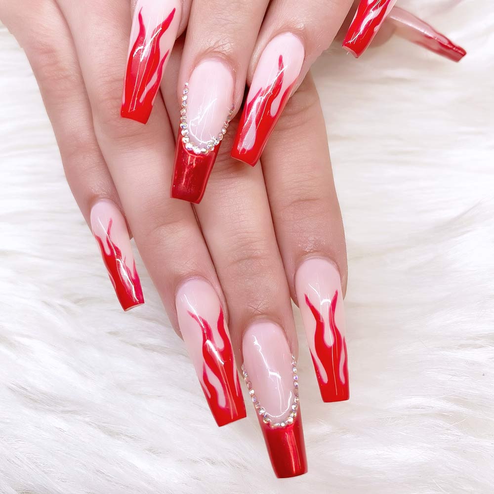 Red Fire Flames Design for Nude and Red Nails