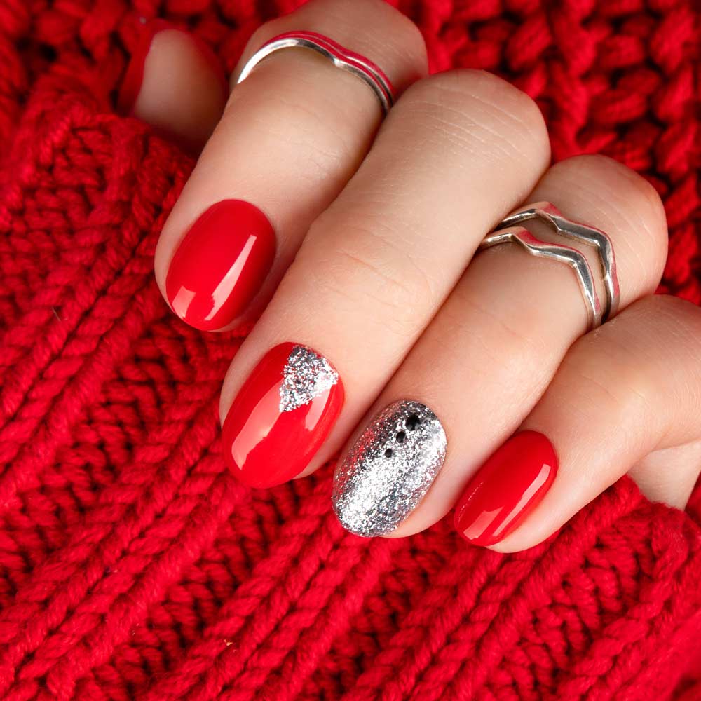 Red Nails with Silver Glitter Accent