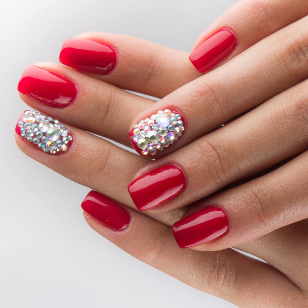 Short Red Nails with Rhinestones 
