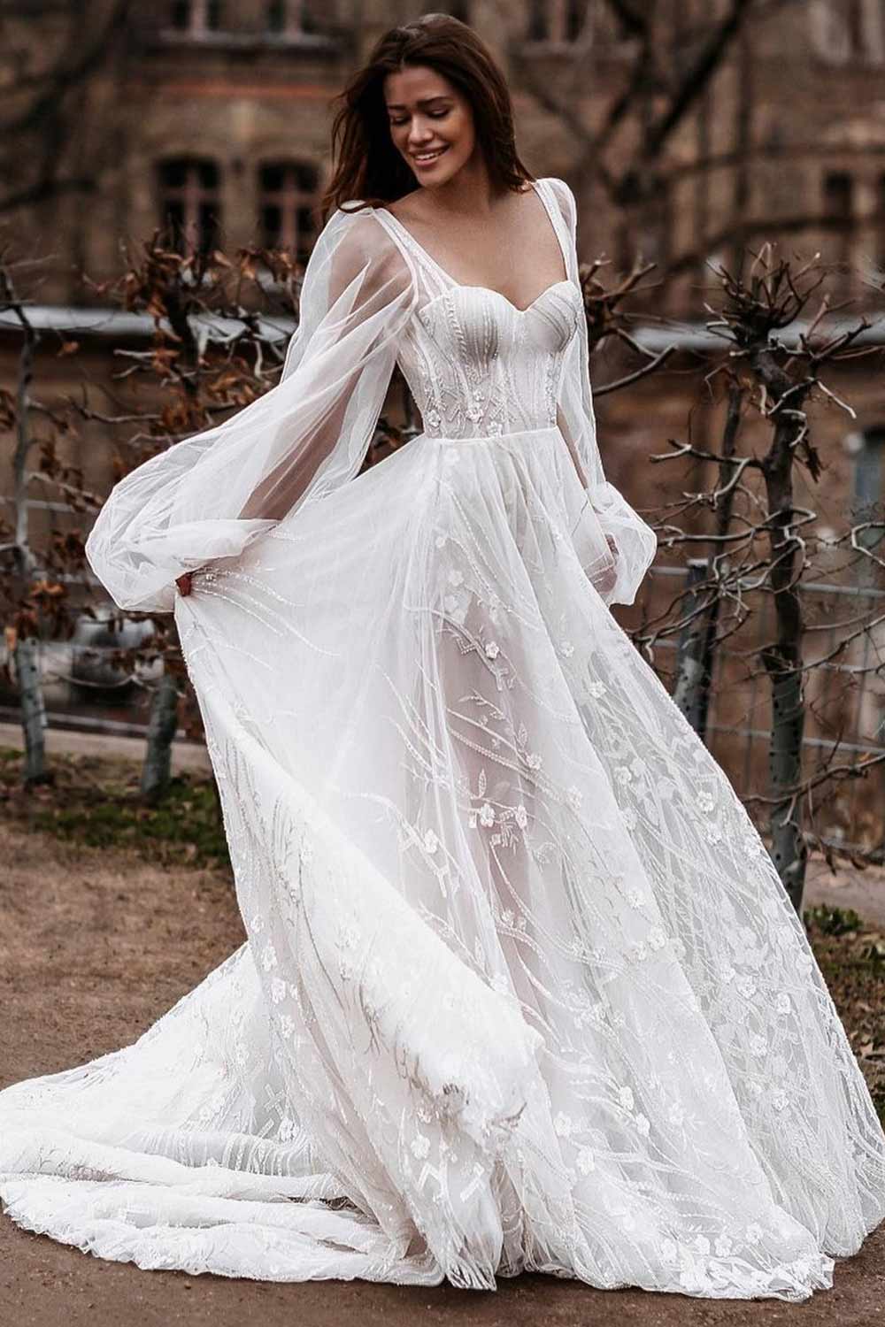 Corset Wedding Dress with Long Bishop Sleeves