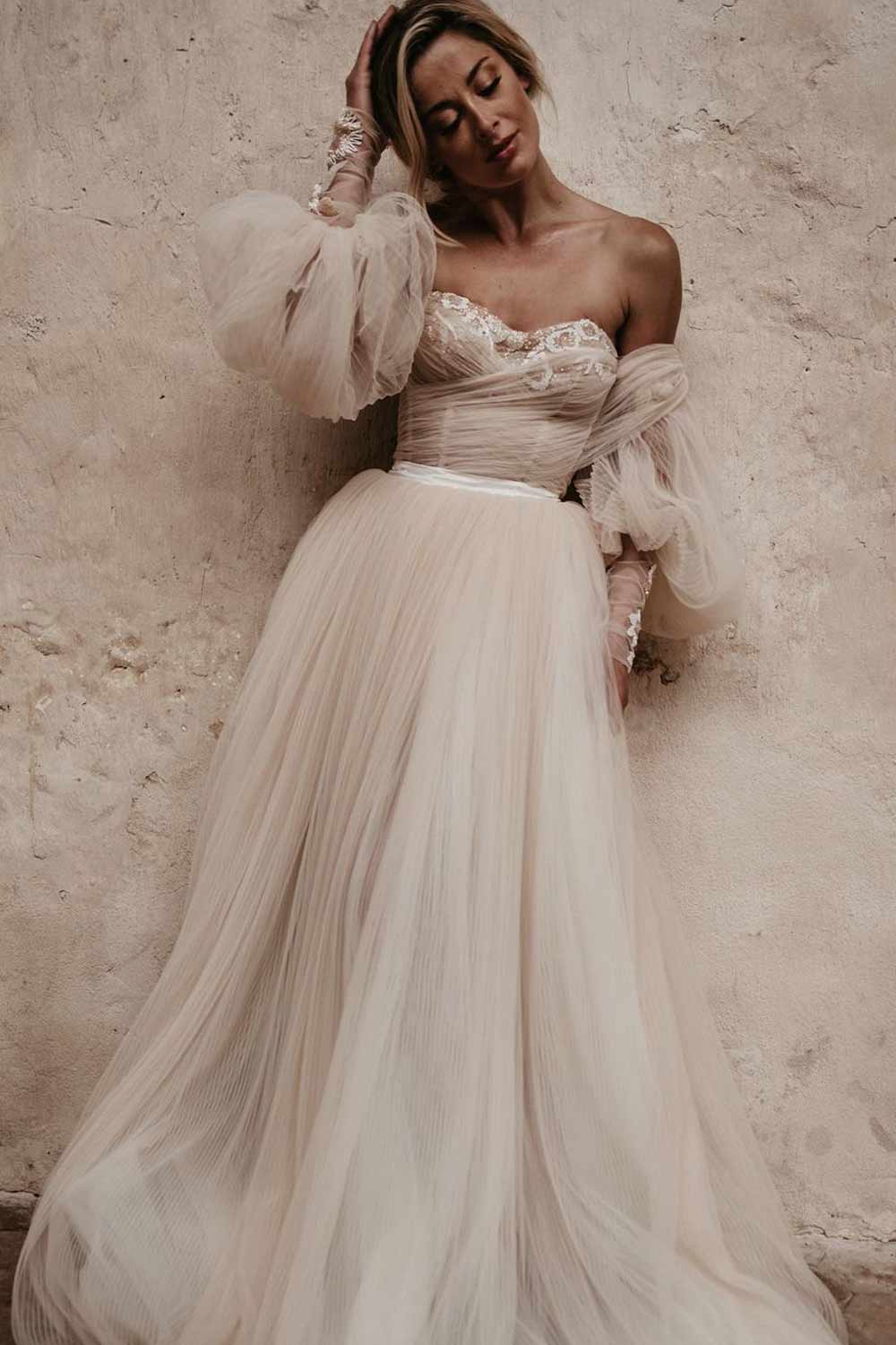 Cream Corset Wedding Dress with Long Sleeves