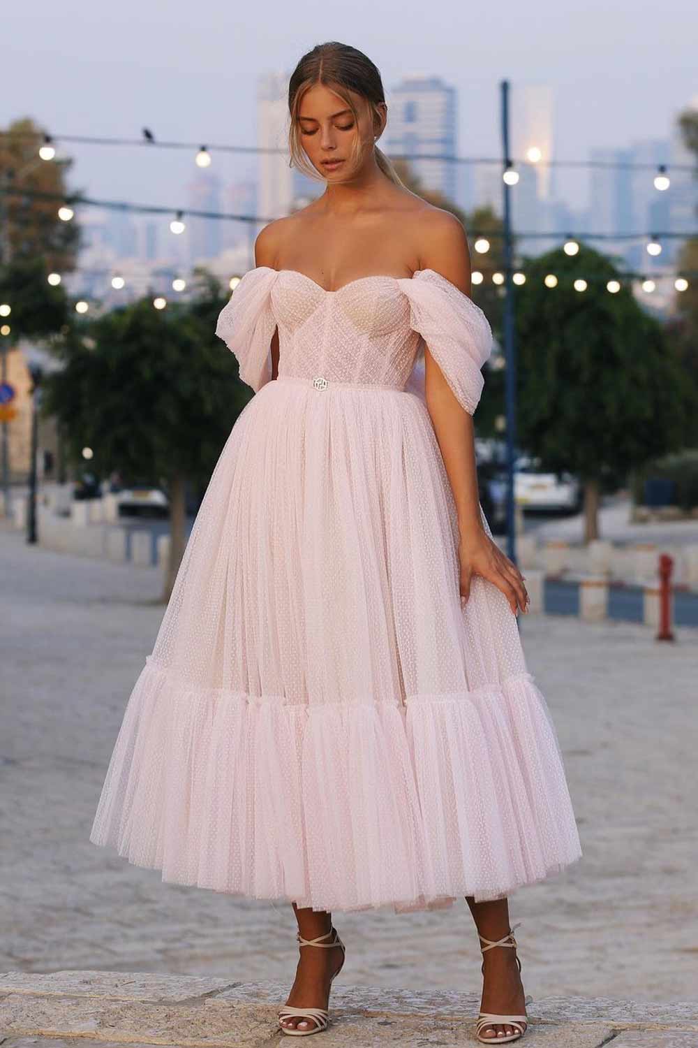 Tea Lenght Pink Wedding Dress with Corset