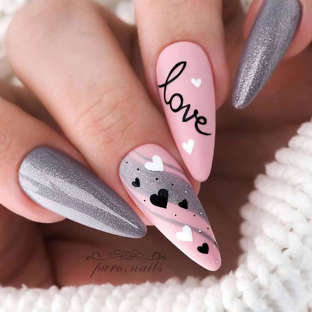 Grey and Pink Nails with Glitter Accent