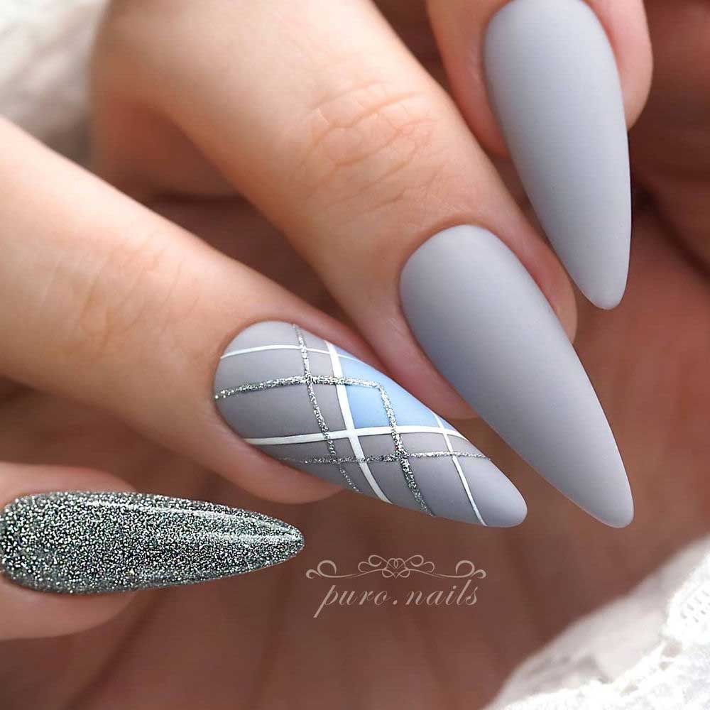 Light Gray Matte Nails Idea with Glitter Accent