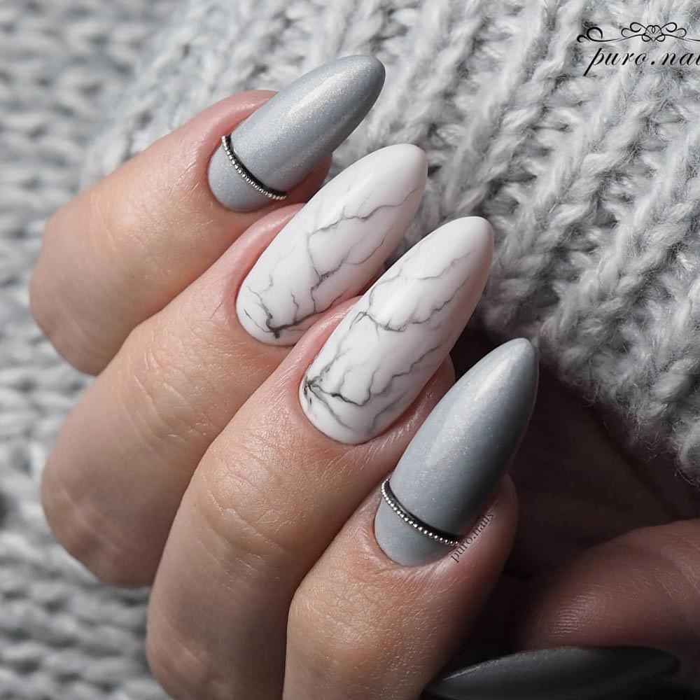 Light Grey Nails Design with Marble Accent