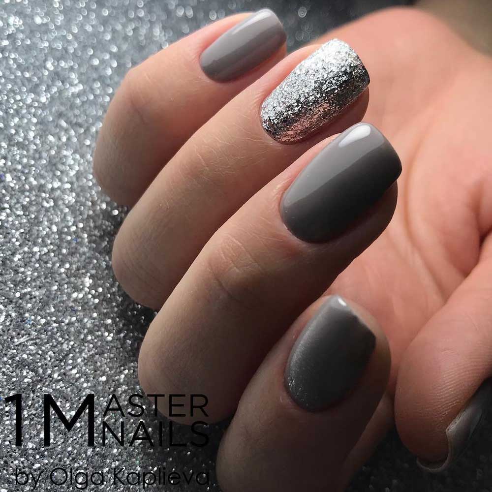 Grey Nails with Glitter Accent