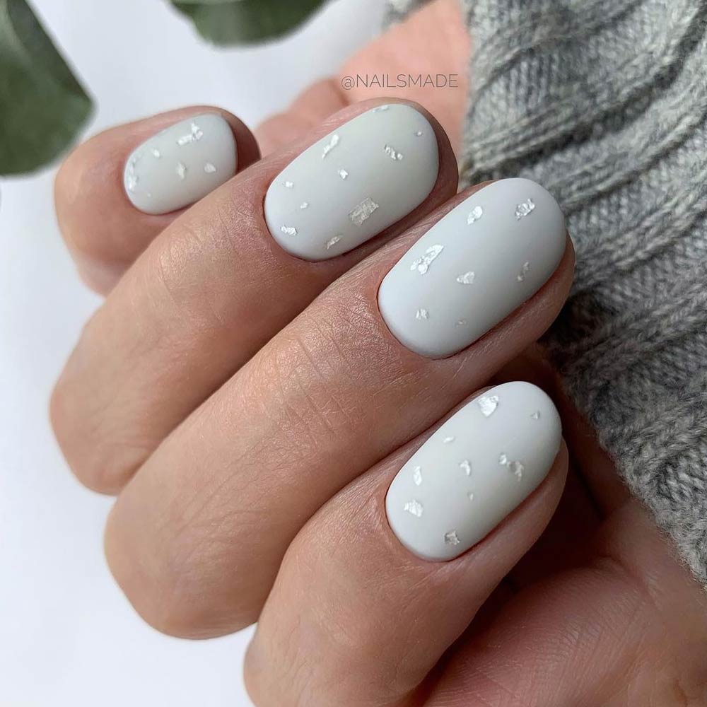 Light Grey Matte Nail Design with Foil