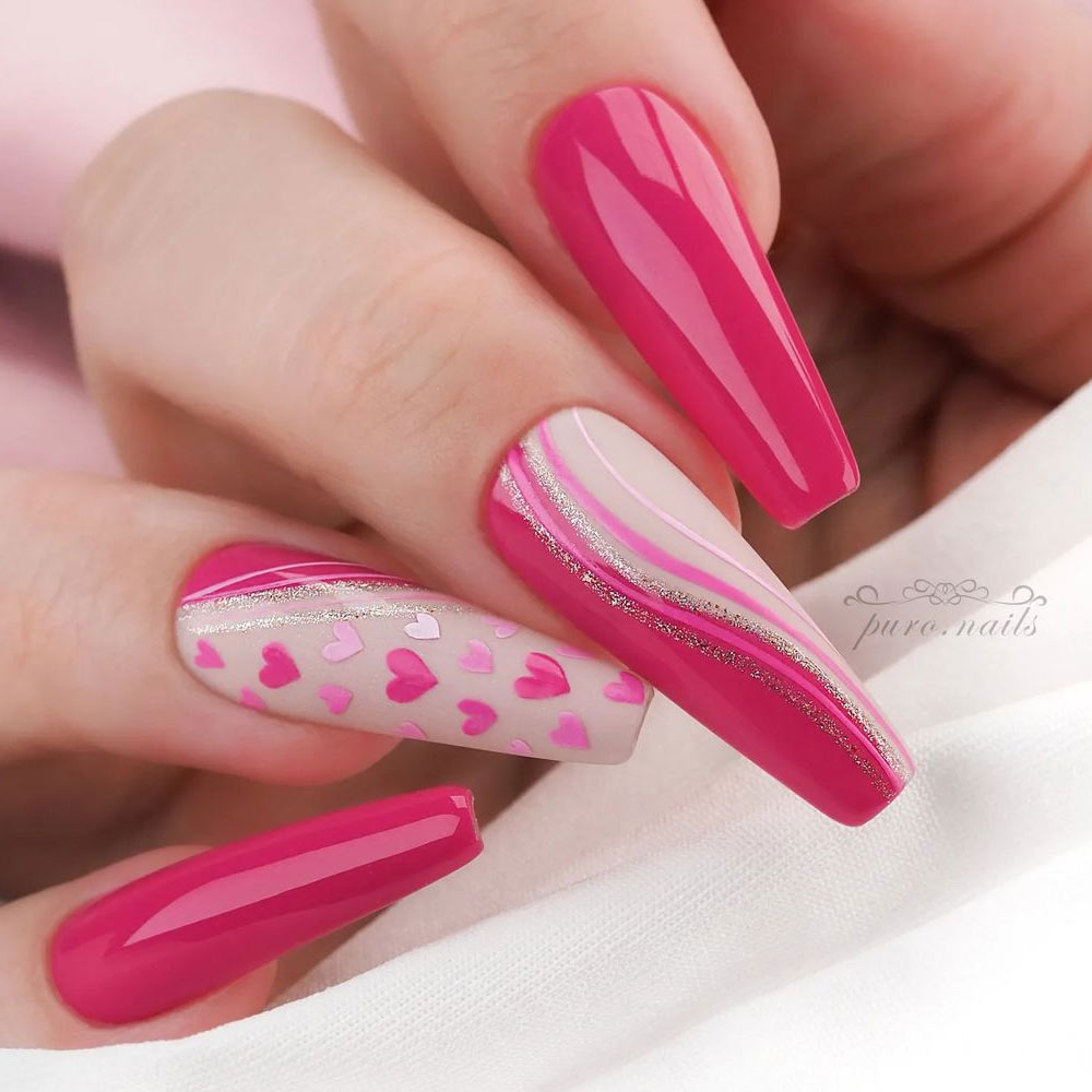 Pink Shades Nails with Heart Accent
