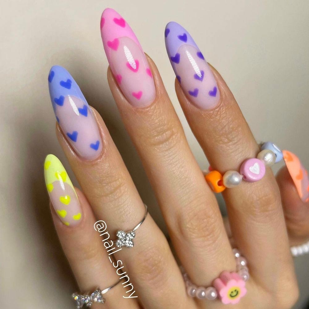Colorful French Nails with Hearts