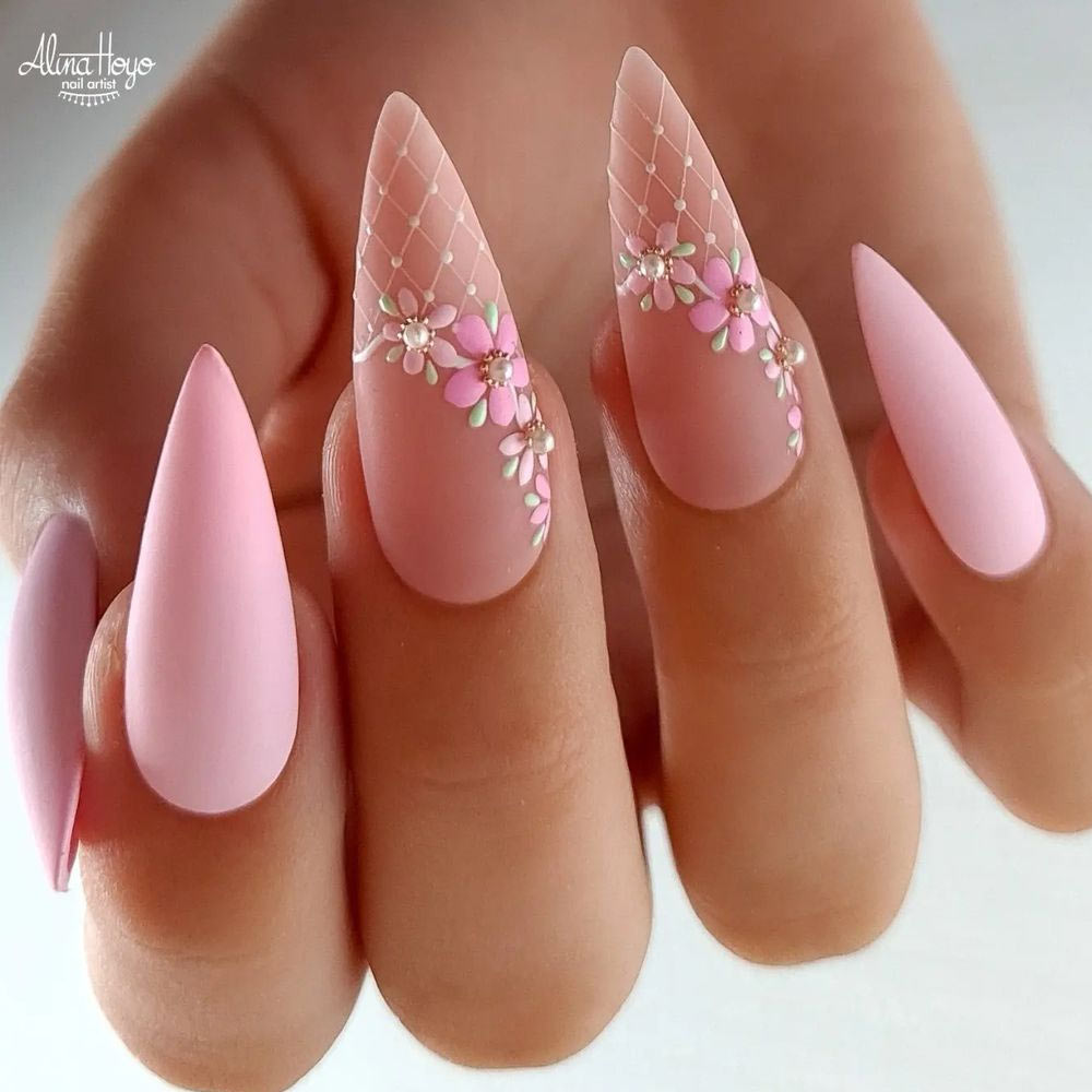 Pink Valentines Day Nails with Flowers